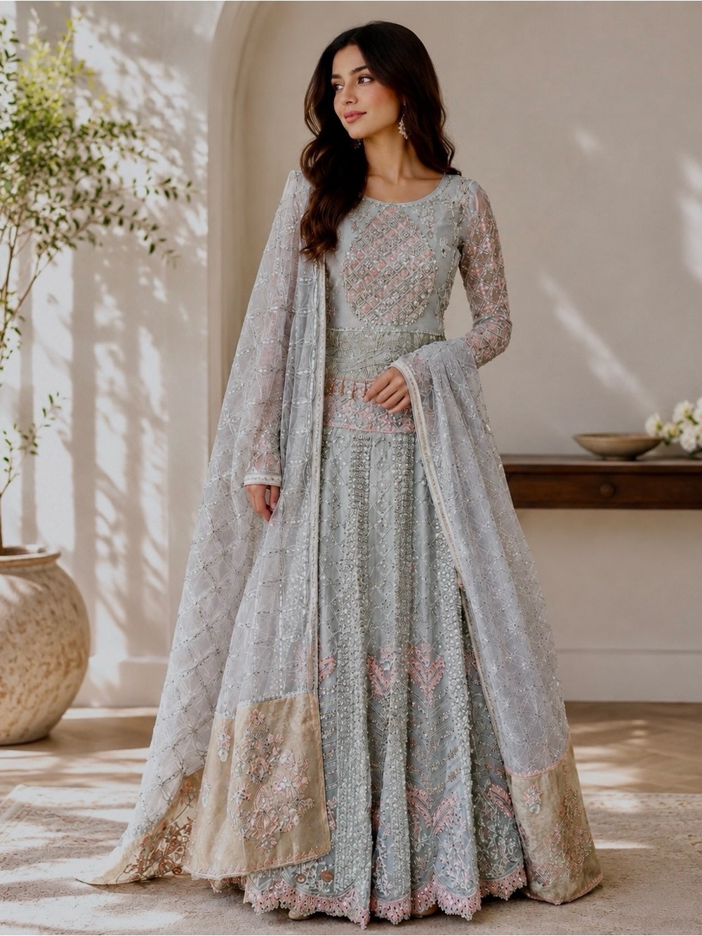 Elegant Women's Embellished Silver-Grey Lehenga Dress